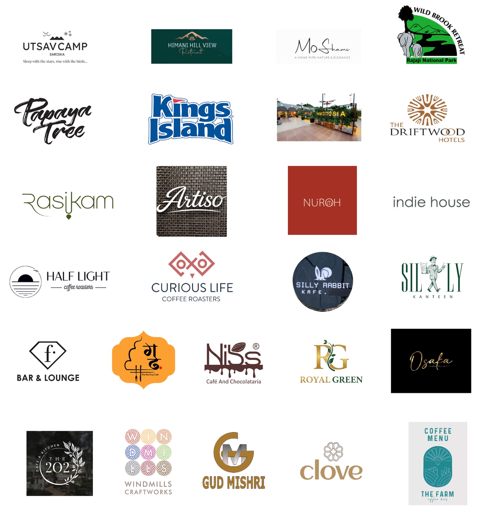 Brand logos from the Angels and a Chef project portfolio, page 1: Utsav Camp Sariska, Himani Hill View Retreat, Wild Brook Retreat, The Driftwood Hotels and others