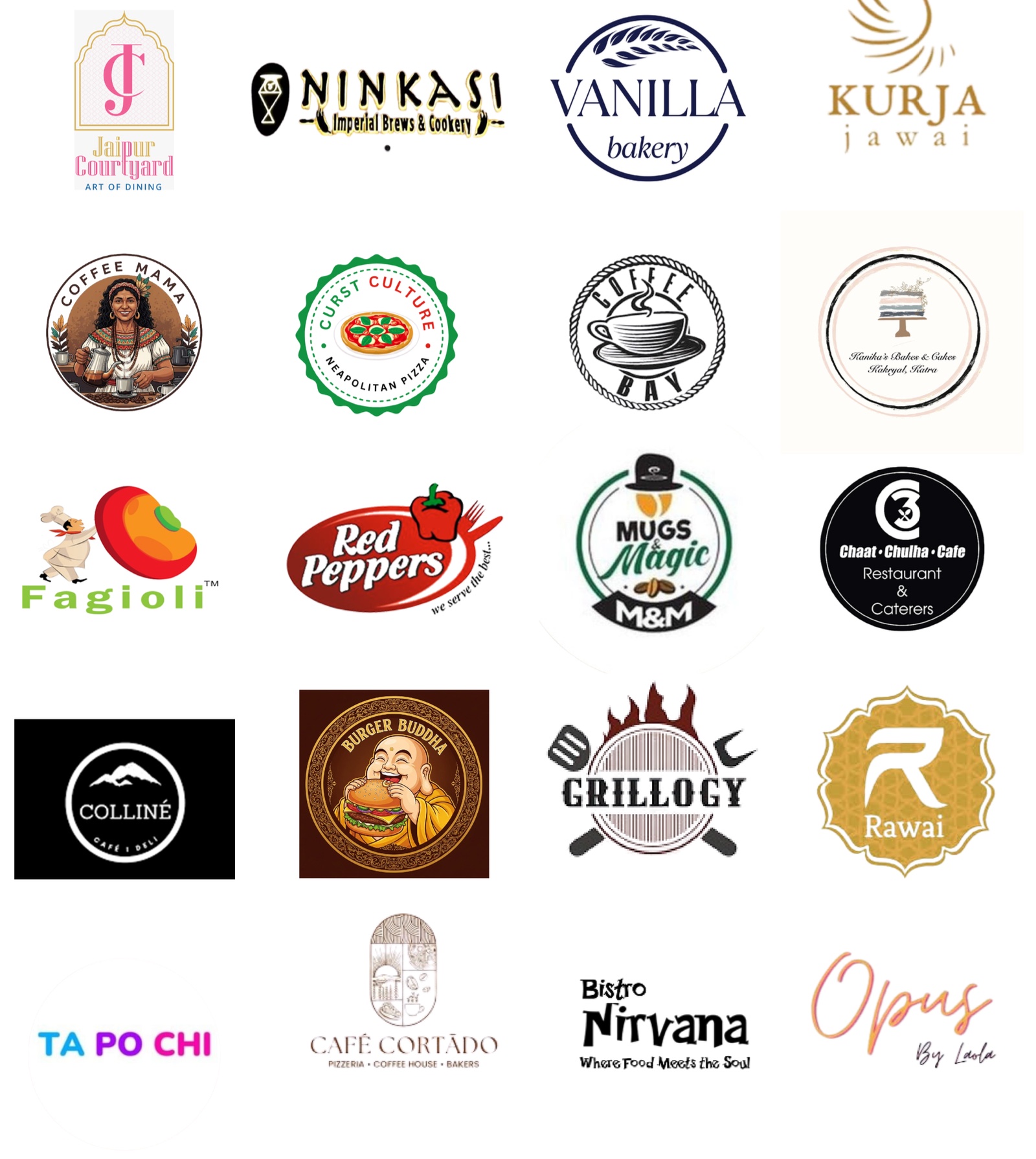 Brand logos from the Angels and a Chef project portfolio, page 2: Jaipur Courtyard, Ninkasi, Vanilla Bakery, Kurja Jawai and others
