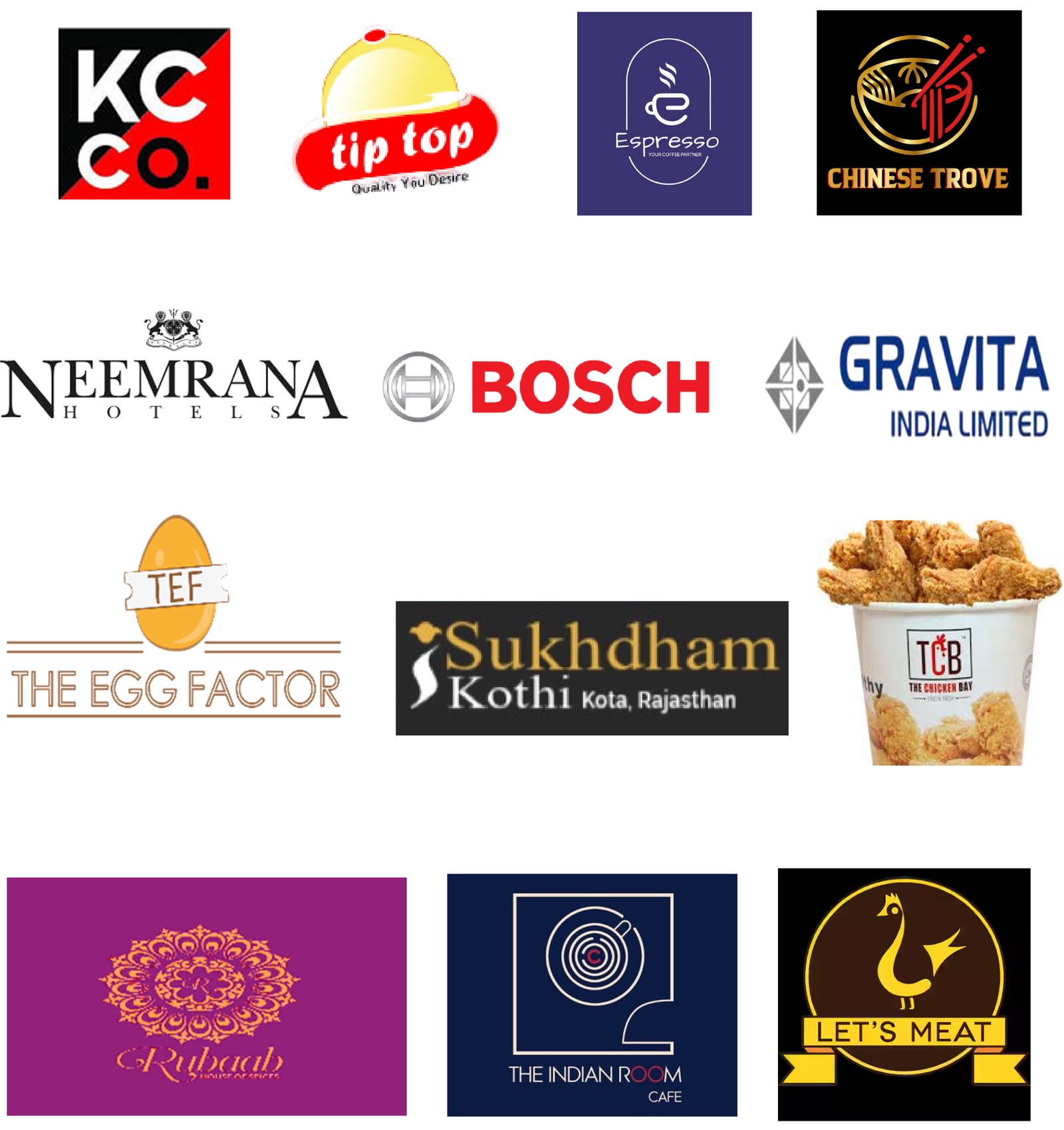 Brand logos from the Angels and a Chef project portfolio, page 3: Neemrana Hotels, Sukhdham Kothi, The Indian Room Café and others